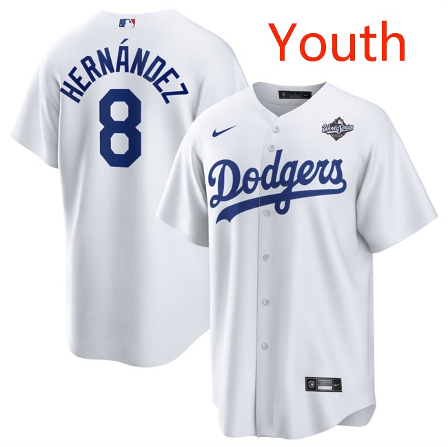 Youth Los Angeles Dodgers #8 Enrique Hernández White 2025 World Series Home Cool Base Stitched Baseball Jersey Youth Los Angeles Dodgers #8 Enrique Hernández White 2025 World Series Home Cool Base Stitched Baseball Jersey