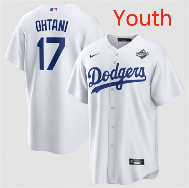 Youth Los Angeles Dodgers #17 Shohei Ohtani White 2025 World Series Home Cool Base Stitched Baseball Jersey Youth Los Angeles Dodgers #17 Shohei Ohtani White 2025 World Series Home Cool Base Stitched Baseball Jersey