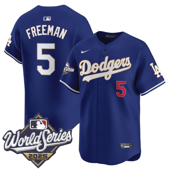 Men's Nike Dodgers #5 Freddie Freeman 2025 World Series Gold Trim Limited Stitched MLB Jersey Royal Men's Nike Dodgers #5 Freddie Freeman 2025 World Series Gold Trim Limited Stitched MLB Jersey Royal