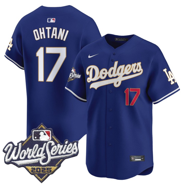 Men's Nike Dodgers #17 Shohei Ohtani 2025 World Series Gold Trim Limited Stitched MLB Jersey Royal Men's Nike Dodgers #17 Shohei Ohtani 2025 World Series Gold Trim Limited Stitched MLB Jersey Royal