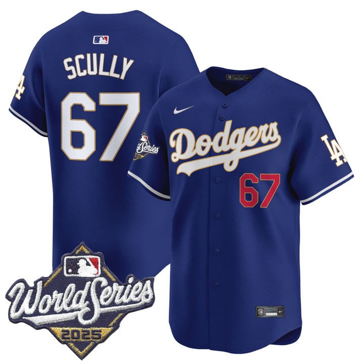 Men's Nike Dodgers #67 Vin Scully 2025 World Series Gold Trim Limited Stitched MLB Jersey Royal Men's Nike Dodgers #67 Vin Scully 2025 World Series Gold Trim Limited Stitched MLB Jersey Royal