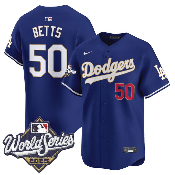 Men's Nike Dodgers #50 Mookie Betts 2025 World Series Gold Trim Limited Stitched MLB Jersey Royal Men's Nike Dodgers #50 Mookie Betts 2025 World Series Gold Trim Limited Stitched MLB Jersey Royal