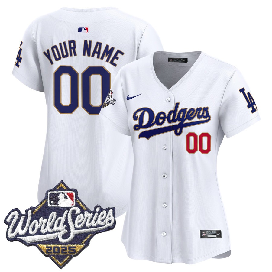 Women's Dodgers 2025 World Series Gold Trim Limited Custom Stitched Jersey - White