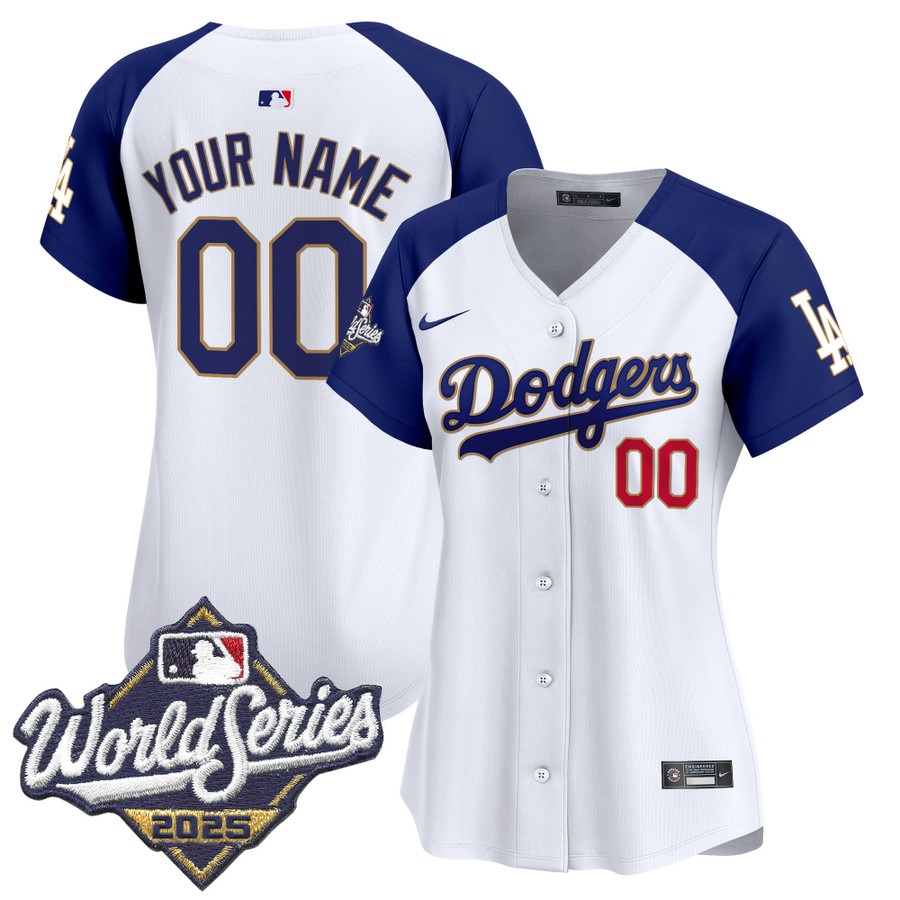 Women's Dodgers 2025 World Series Gold Trim Limited Custom Stitched Jersey - White Alternate
