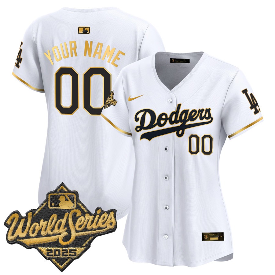Women's Dodgers 2025 World Series Gold Trim Limited Custom Stitched Jersey - White Gold