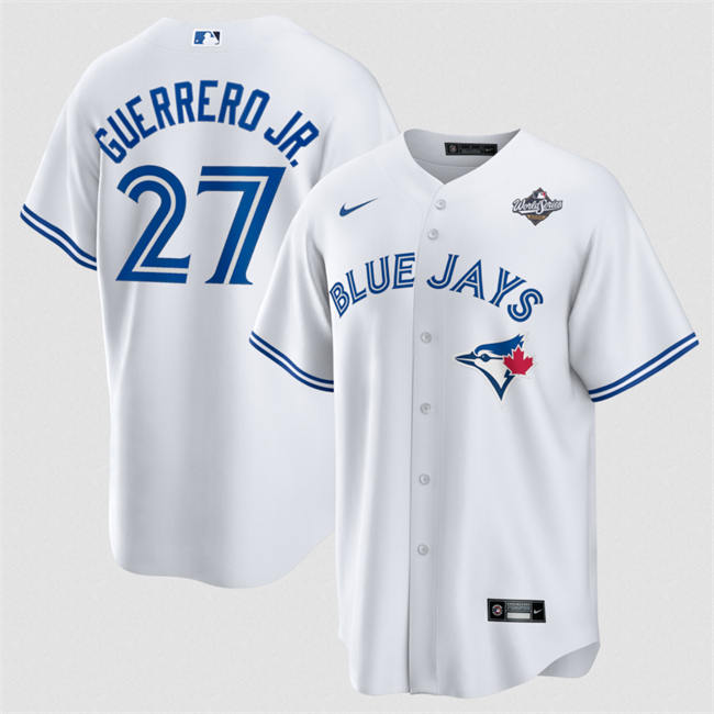 Men's Toronto Blue Jays #27 Vladimir Guerrero Jr. White 2025 World Series Home Cool Base Stitched Baseball Jersey Men's Toronto Blue Jays #27 Vladimir Guerrero Jr. White 2025 World Series Home Cool Base Stitched Baseball Jersey