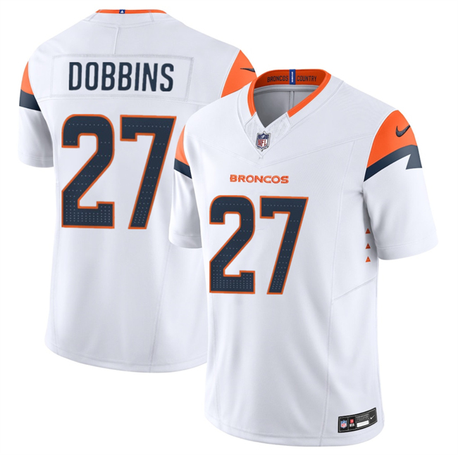 Men's Denver Broncos #27 J.K. Dobbins White 2025 F.U.S.E. Vapor Limited Stitched Football Jersey Men's Denver Broncos #27 J.K. Dobbins White 2025 F.U.S.E. Vapor Limited Stitched Football Jersey