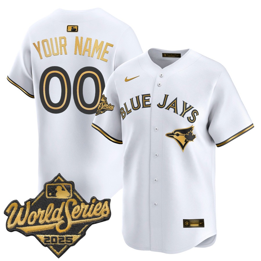 Men's Toronto Blue Jays Custom White Gold 2025 World Series Nike Limited Stitched Jersey Men's Toronto Blue Jays Custom White Gold 2025 World Series Nike Limited Stitched Jersey