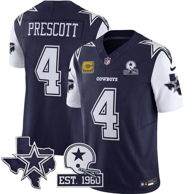 Men's Dallas Cowboys #4 Dak Prescott Navy F.U.S.E. With Established In 1960 Patch And 4-Star C Patch Throwback Texas Patch Stitched Football Jersey Men's Dallas Cowboys #4 Dak Prescott Navy F.U.S.E. With Established In 1960 Patch And 4-Star C Patch Throwback Texas Patch Stitched Football Jersey