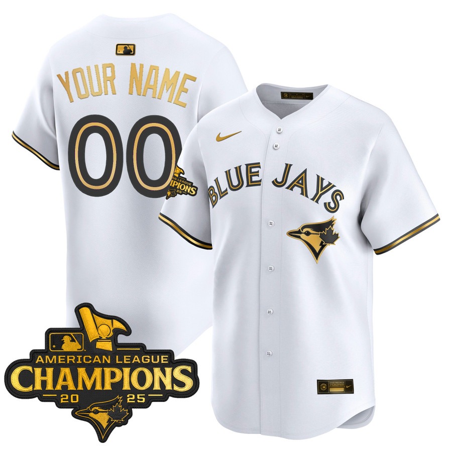 Men's Toronto Blue Jays Custom White Gold 2025 American League Champions  Limited Stitched Jersey Men's Toronto Blue Jays Custom White Gold 2025 American League Champions  Limited Stitched Jersey