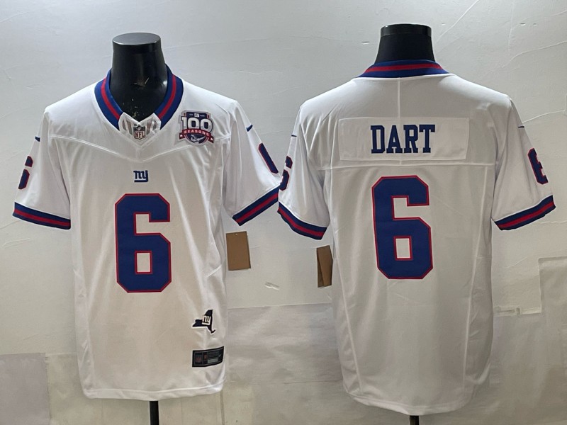 Men's New York Giants #6 Jaxson Dart White 2025 Draft F.U.S.E. 100th Season & State Patch Vapor Limited Classic Stitched Football Jersey