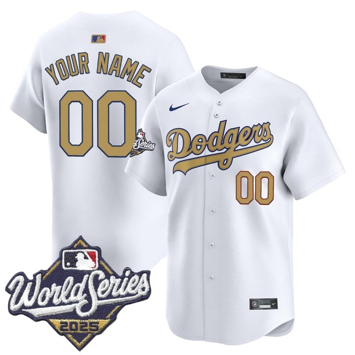 Men's Dodgers Custom 2025 World Series White Gold Nike Limited Stitched Jersey Men's Dodgers Custom 2025 World Series White Gold Nike Limited Stitched Jersey