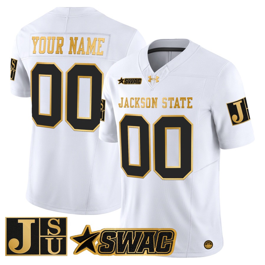 Men's Jackson State Tigers Custom White Gold 2025 Vapor F.U.S.E. Limited Stitched Jersey Men's Jackson State Tigers Custom White Gold 2025 Vapor F.U.S.E. Limited Stitched Jersey
