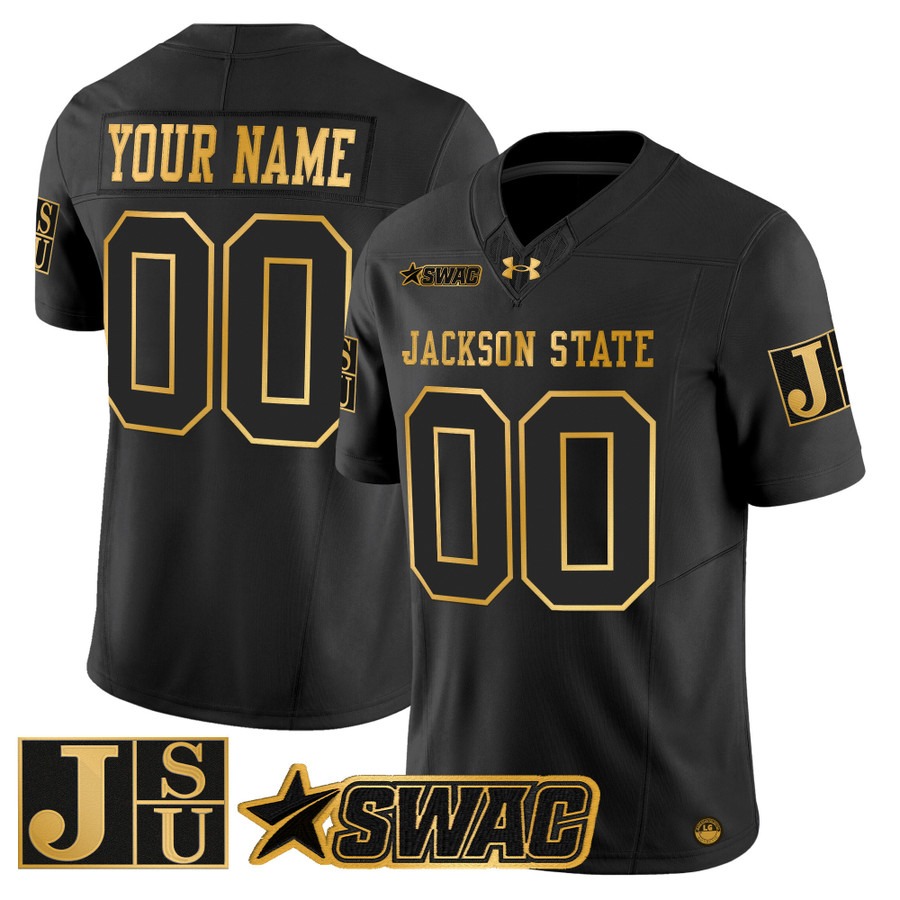 Men's Jackson State Tigers Custom Black Gold 2025 Vapor F.U.S.E. Limited Stitched Jersey Men's Jackson State Tigers Custom Black Gold 2025 Vapor F.U.S.E. Limited Stitched Jersey