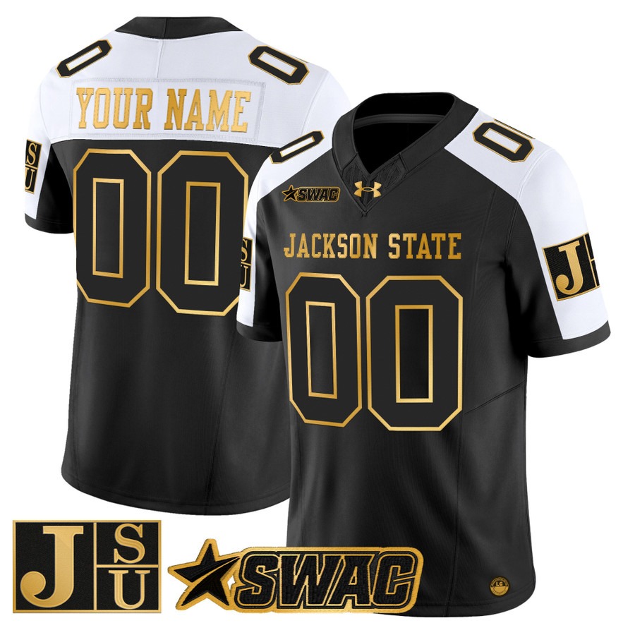 Men's Jackson State Tigers Custom Black Alternate Gold 2025 Vapor F.U.S.E. Limited Stitched Jersey Men's Jackson State Tigers Custom Black Alternate Gold 2025 Vapor F.U.S.E. Limited Stitched Jersey