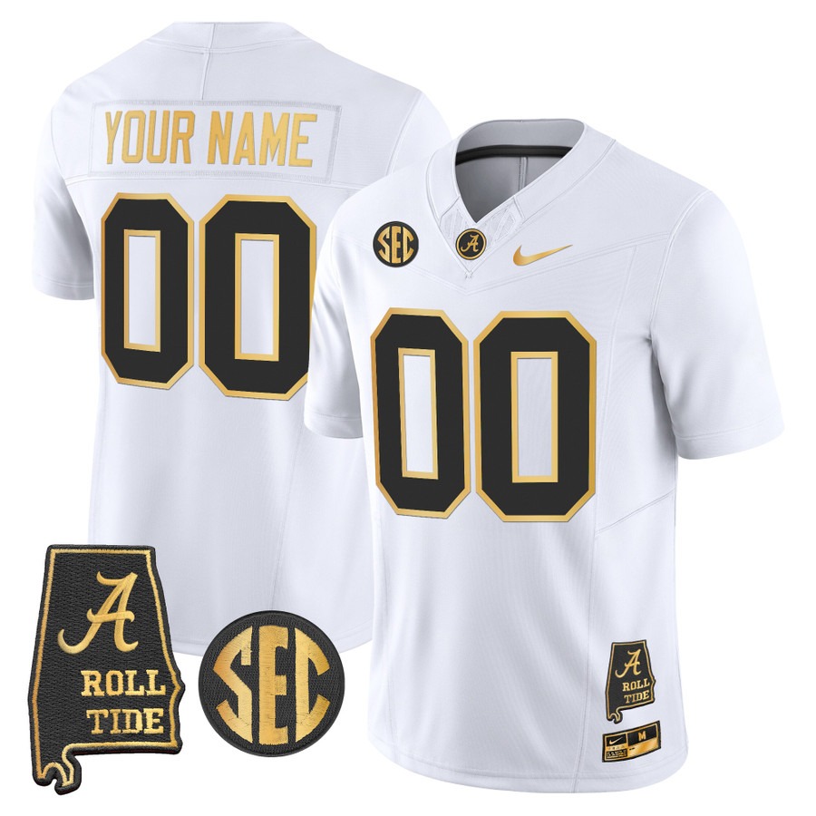 Men's Alabama Crimson Tide Custom 2025 White Gold F.U.S.E. Vapor Limited Stitched Jersey - Alabama Map Men's Alabama Crimson Tide Custom 2025 White Gold F.U.S.E. Vapor Limited Stitched Jersey - Alabama Map