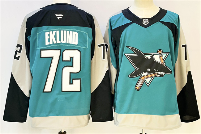 Men's San Jose Sharks #72 William Eklund Teal 2025 Alternate Stitched Hockey Jersey Men's San Jose Sharks #72 William Eklund Teal 2025 Alternate Stitched Hockey Jersey