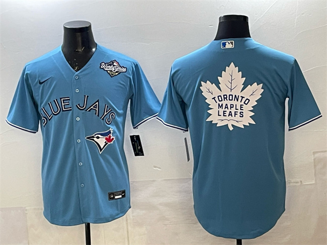 Men's Toronto Blue Jays & Leafs Blue 2025 World Series With White Maple Leafs Logo Cool Base Stitched Baseball Jersey