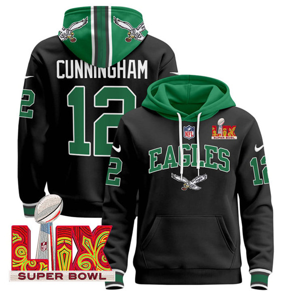 Men's Philadelphia Eagles #12 Randall Cunningham Black 2025 Super Bowl LIX Patch Pullover Stitched Hoodie Men's Philadelphia Eagles #12 Randall Cunningham Black 2025 Super Bowl LIX Patch Pullover Stitched Hoodie