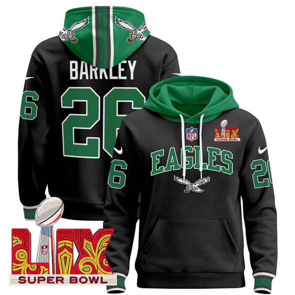 Men's Philadelphia Eagles #26 Saquon Barkley Black 2025 Super Bowl LIX Patch Pullover Stitched Hoodie Men's Philadelphia Eagles #26 Saquon Barkley Black 2025 Super Bowl LIX Patch Pullover Stitched Hoodie