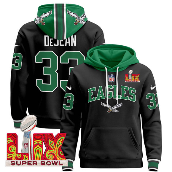 Men's Philadelphia Eagles #33 Cooper DeJean Black 2025 Super Bowl LIX Patch Pullover Stitched Hoodie Men's Philadelphia Eagles #33 Cooper DeJean Black 2025 Super Bowl LIX Patch Pullover Stitched Hoodie