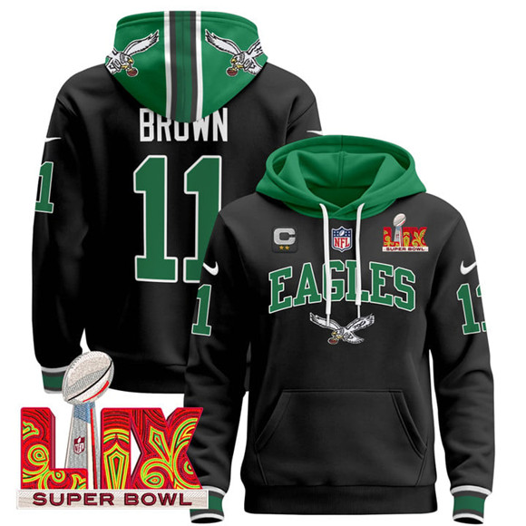 Men's Philadelphia Eagles #11 A.J. Brown Black 2025 Super Bowl LIX With 2-Star C Patch Pullover Stitched Hoodie Men's Philadelphia Eagles #11 A.J. Brown Black 2025 Super Bowl LIX With 2-Star C Patch Pullover Stitched Hoodie