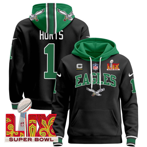 Men's Philadelphia Eagles #1 Jalen Hurts Black 2025 Super Bowl LIX With 4-Star C Patch Pullover Stitched Hoodie Men's Philadelphia Eagles #1 Jalen Hurts Black 2025 Super Bowl LIX With 4-Star C Patch Pullover Stitched Hoodie