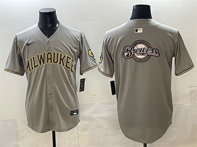 Men's Milwaukee Brewers Team Big Logo Grey Home Limited Stitched Jersey Men's Milwaukee Brewers Team Big Logo Grey Home Limited Stitched Jersey