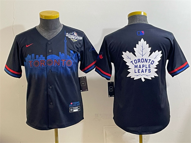 Youth Toronto Blue Jays & Leafs Navy 2025 World Series City Connect With White Leafs Logo Limited Stitched Baseball Jersey Youth Toronto Blue Jays & Leafs Navy 2025 World Series City Connect With White Leafs Logo Limited Stitched Baseball Jersey