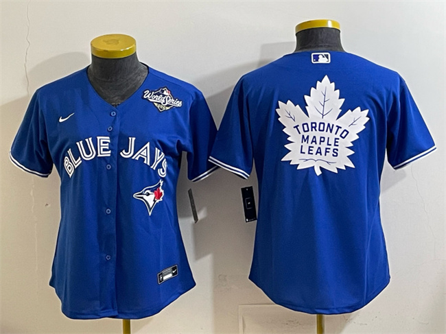 Women's Toronto Blue Jays & Leafs Royal 2025 World Series With White Leafs Logo Cool Base Stitched Baseball Jersey(Run Small) Women's Toronto Blue Jays & Leafs Royal 2025 World Series With White Leafs Logo Cool Base Stitched Baseball Jersey(Run Small)