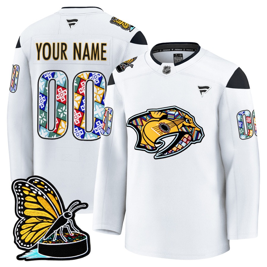 Men's Nashville Predators Custom 2025 Hispanic Music Heritage Night Premium Stitched Hockey Jersey - White Men's Nashville Predators Custom 2025 Hispanic Music Heritage Night Premium Stitched Hockey Jersey - White