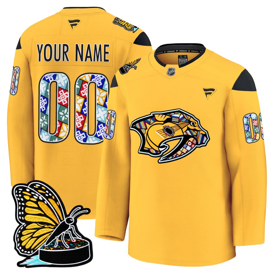 Men's Nashville Predators Custom 2025 Hispanic Music Heritage Night Premium Stitched Hockey Jersey - Gold Men's Nashville Predators Custom 2025 Hispanic Music Heritage Night Premium Stitched Hockey Jersey - Gold