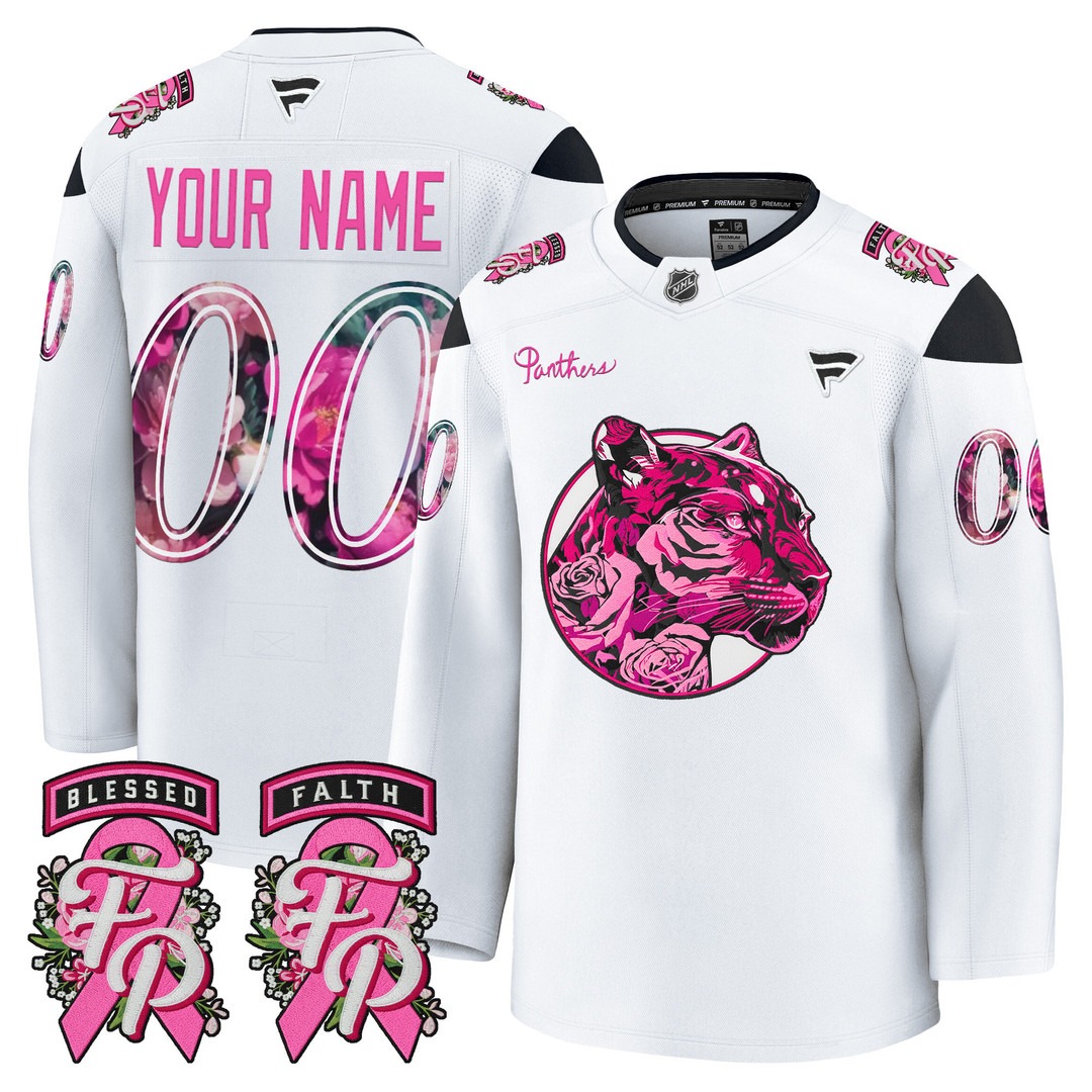 Men's Florida Panthers Custom White 'Pink in the Rink' 2025 Premium Stitched Hockey Jersey Men's Florida Panthers Custom White 'Pink in the Rink' 2025 Premium Stitched Hockey Jersey