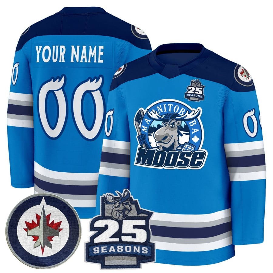 Men's Manitoba Moose Custom Blue 2025 Premium Stitched Hockey Jersey