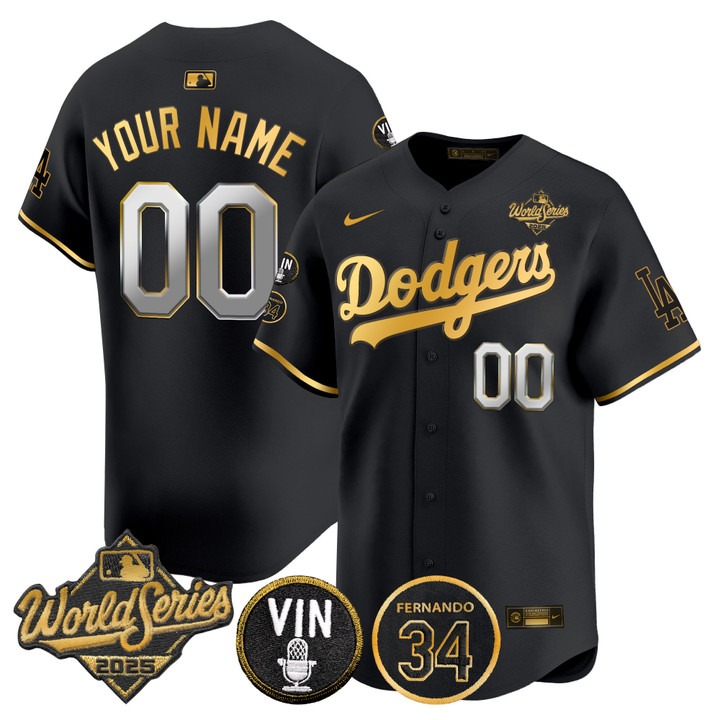 Men's Dodgers Custom Black Gold 2025 World Series Vapor Premier Limited Stitched Jersey - Vin Scully & Fernando Patch