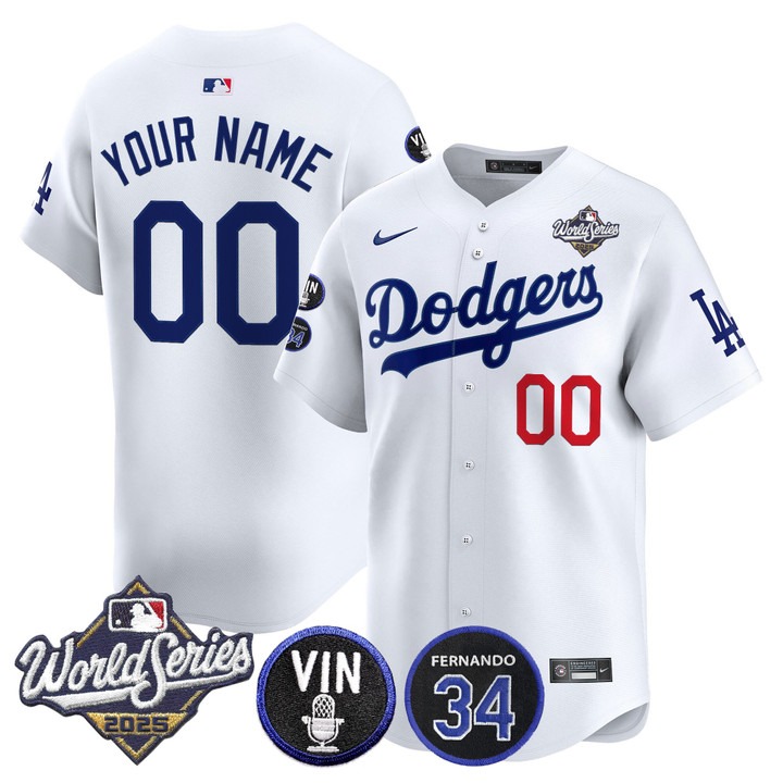 Men's Dodgers Custom White 2025 World Series Vapor Premier Limited Stitched Jersey - Vin Scully & Fernando Patch