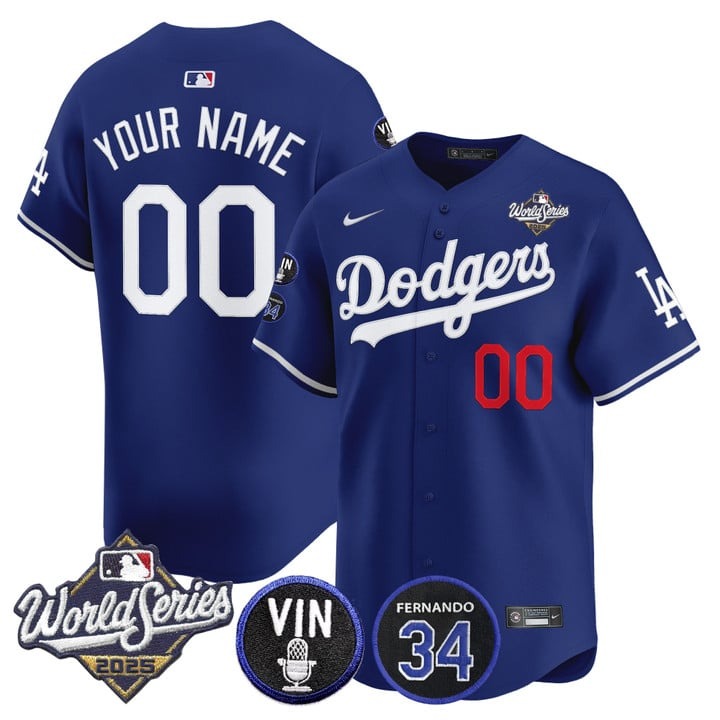 Men's Dodgers Custom Royal 2025 World Series Vapor Premier Limited Stitched Jersey - Vin Scully & Fernando Patch