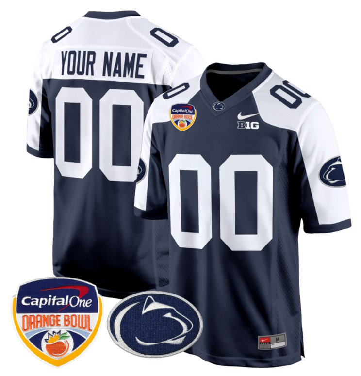 Men's Active Player Custom Penn State Jersey Name Number Orange Bowl Patch Football Navy Alternate