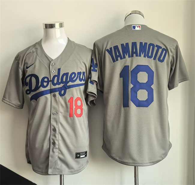Men's Los Angeles Dodgers #18 Yoshinobu Yamamoto Grey Cool Base Stitched Baseball Jersey