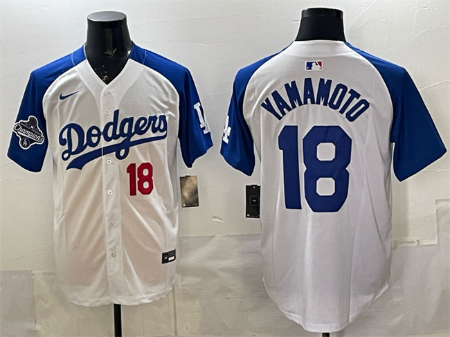 Men's Los Angeles Dodgers #18 Yoshinobu Yamamoto White_Royal  2025 World Series Champions Patch Limited Stitched Baseball Jersey