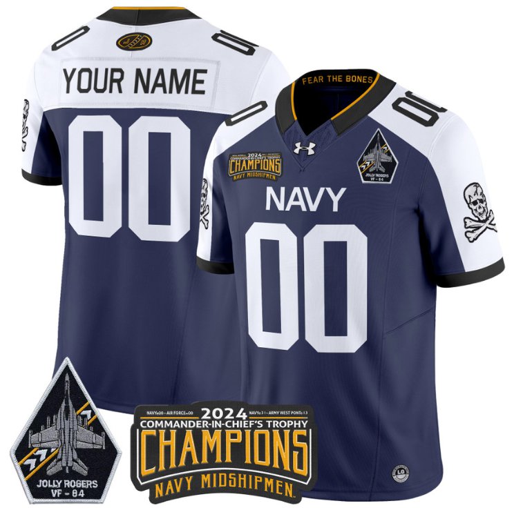 Men's Navy Midshipmen ACTIVE PLAYER Custom 2024 Jolly Rogers Champions Patch Navy Alternate Stitched Jersey