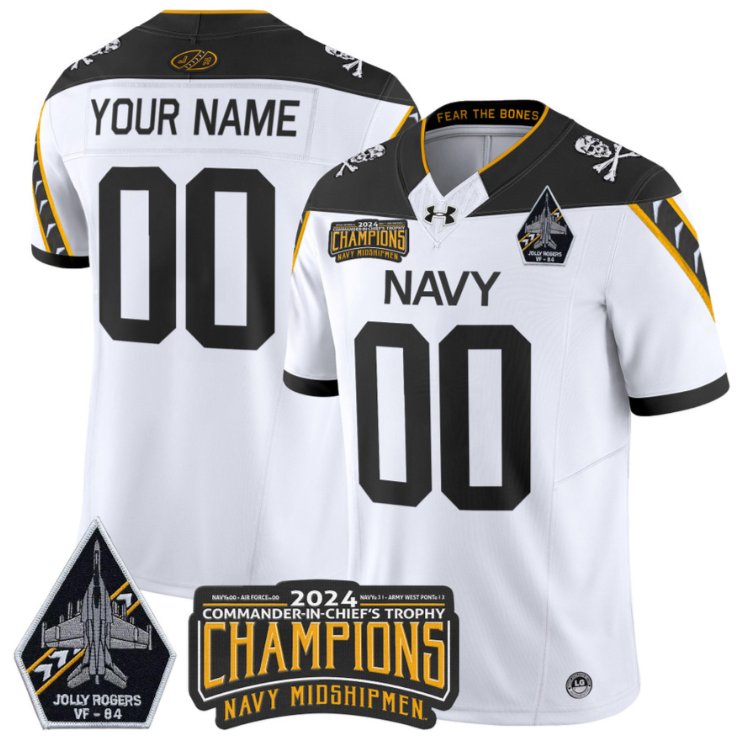 Men's Navy Midshipmen ACTIVE PLAYER Custom 2024 Jolly Rogers Champions Patch White Stitched Jersey