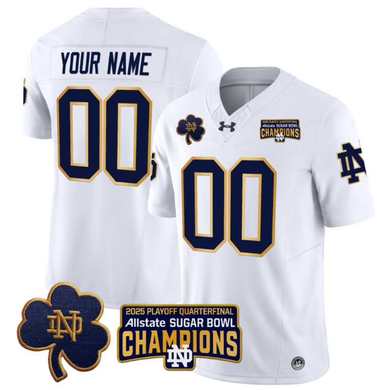 Men's Notre Dame ACTIVE PLAYER Custom 2025 Playoff Sugar Bowl Champions Patch White Stitched Jersey