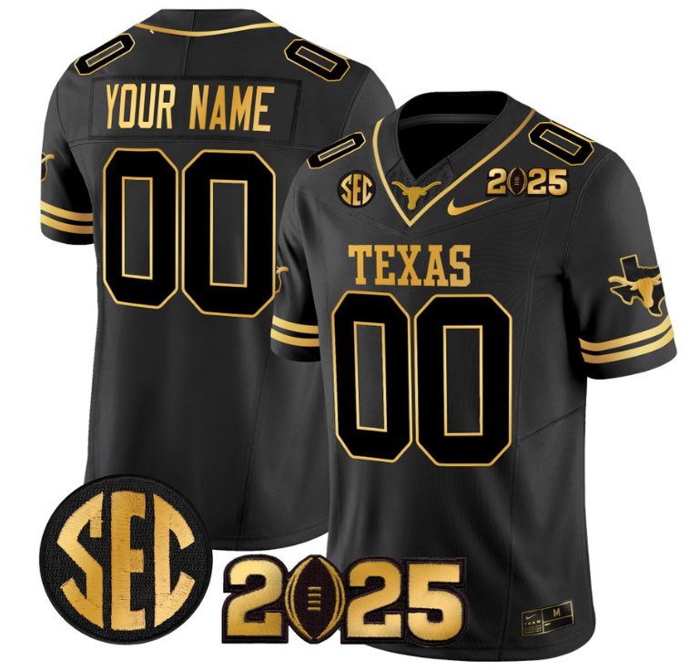 Men's Texas Longhorns ACTIVE PLAYER Custom 2025 CFP Final Gold Patch Stitched Black Gold Jersey