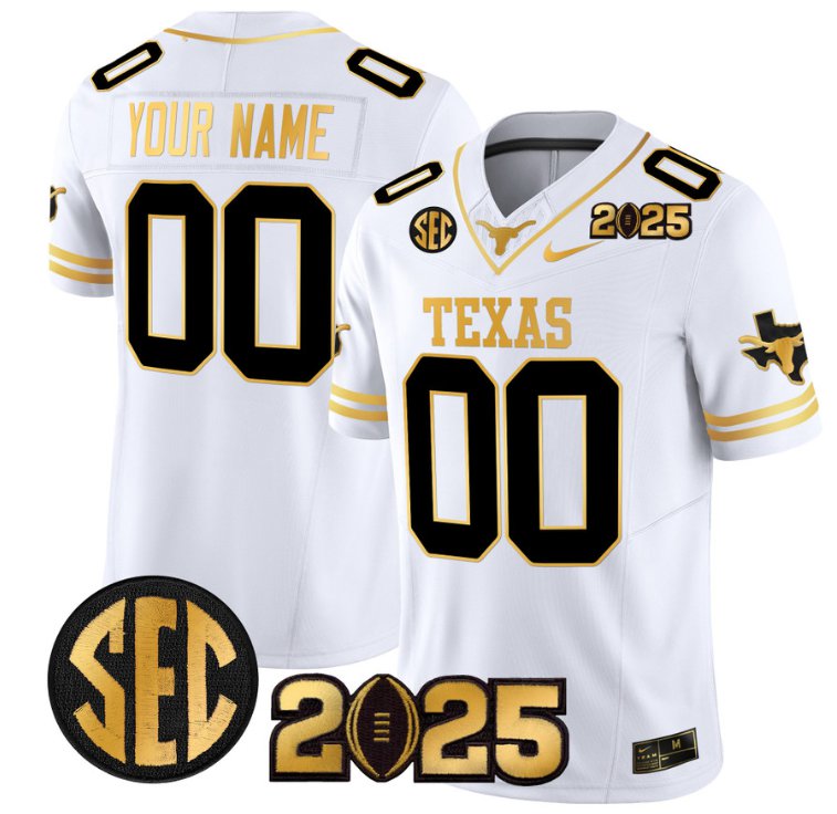 Men's Texas Longhorns ACTIVE PLAYER Custom 2025 CFP Final Gold Patch Stitched White Gold Jersey