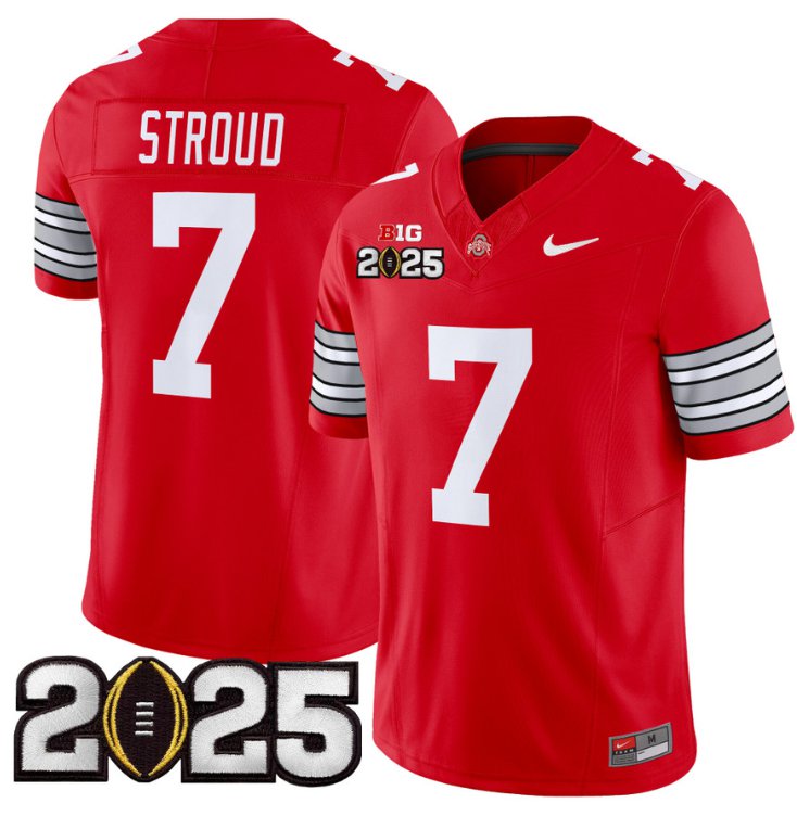 Men's Ohio State Buckeyes #7 CJ Stroud Red F.U.S.E. 'Heritage Stripe' 2025 CFP Final Patch Limited Stitched Jersey