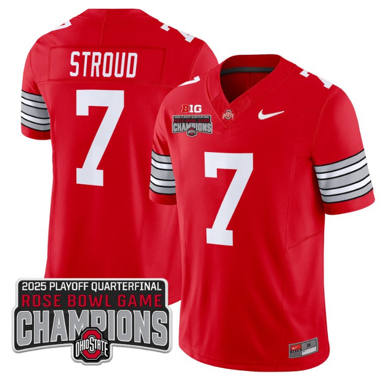 Men's Ohio State Buckeyes #7 CJ Stroud F.U.S.E. 2025 Rose Bowl Champions Patch Red Vapor Limited Stitched Jersey