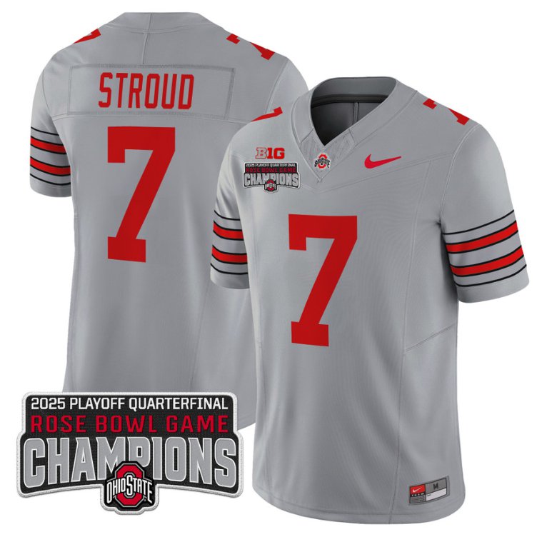 Men's Ohio State Buckeyes #7 CJ Stroud F.U.S.E. 2025 Rose Bowl Champions Patch Gray Vapor Limited Stitched Jersey