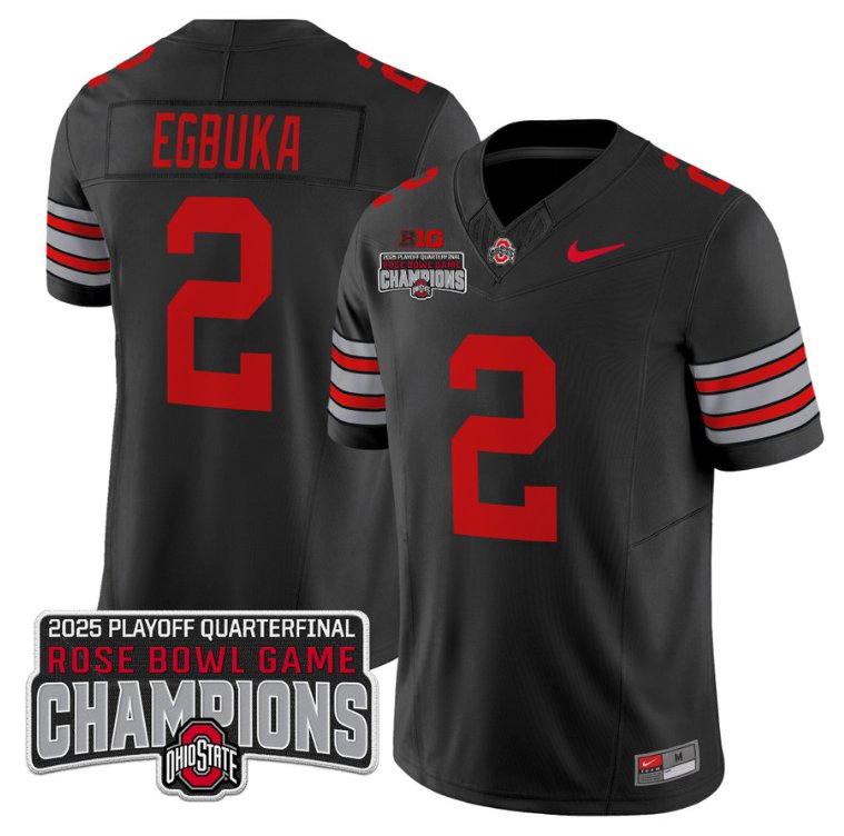 Men's Ohio State Buckeyes #2 Emeka Egbuka F.U.S.E. 2025 Rose Bowl Champions Patch Black Limited Stitched Jersey