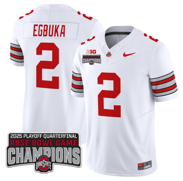 Men's Ohio State Buckeyes #2 Emeka Egbuka F.U.S.E. 2025 Rose Bowl Champions Patch White Limited Stitched Jersey